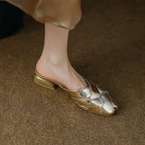 Tou Half Slippers Female Summer Women Wear Full Leather Square Head Sandals Low Heel Thick Soft Leather Muller