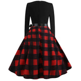 Women Plaid Print Winter Dress Black Long Sleeve Vintage Christmas Party Pin up Rockabilly Dress Robe Femme