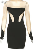 Women New Y2K Black Patchwork Sexy&High Street Elastic Skinny Mini Dress Trendy Turtleneck Waist Long Sleeve Chic