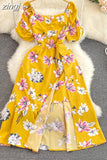 Women Irregular Printed Dress Vintage Square Collar Puff Short Sleeve High Waist A-Line Slim Vestidos Elegant New