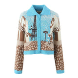 Women's New Color Print Short Long-Sleeved Knitted Cardigan Sweater