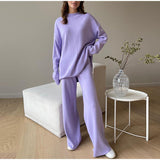 New Hot Pure Color Knitted Jacket High-Collar Sweater Set Loose Top + Pants