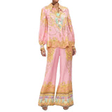 Women's Long-Sleeved Pink Printed Shirt Trousers Casual Fashion Suit Women