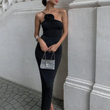 Zingj Women's Wear 2023 Summer New Sexy Show Back One Shoulder Pleated Slim Temperament Dress