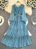 Women Draped Long Dress Spring Autumn Elegatn V-Neck Lantern Sleeve High Waist A-Line Pleated Party Maxi Vestidos
