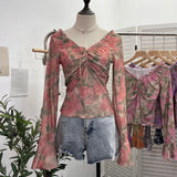 Print V-Neck Horn Sleeve Top Wooden Ear Lace With Short-Sleeved Long-Sleeved T-Shirt