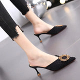 Women Wear Half-Slippers Women 2025 New French Water Drill High Heels Thin Heel Head Cool Drag