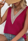 Summer Sleeveless Tank Tops V-neck Chiffon Shirt Woman Lace White Satin Blouse Casual Loose Office Lady Elegant