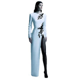 Star Temperament Dress Embroidered Nails Flowers Long Sleeve Open Fork Long