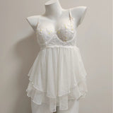 Sexy Lace Embroidered Pajamas Women Summer Small Breast With Steel Ring Pure Lust Wind Mesh Sling Sling Aja Skirt