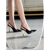 Women 2025 Summer New Hollow Black Pointed Temperament Small Gold And Patent Leather Skin Thin Heel