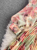Autumn Bohemian Women Tie Dye Printed Pleated Long Dress Boho Stand Collar Puff Sleeve High Waist Draped Maxi Vestido