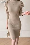Sleeve Maxi Knitted Bodycon Dress Elegant Solid Long Sleeve Sweater Office Lady Sexy Chic Evening Dresses for Women