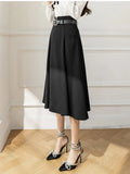 Women's Skirts High Waist Mid-calf A-line Pockets OL Skirt Solid Skirts for Women Vintage Fashion 2023 Summer Pleated Belt