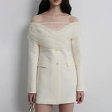 Spring And Autumn New Fashion Sexy One-Word Shoulder Mesh Splicing Design Sense Long Sleeve Small Suit