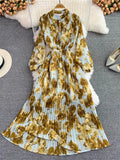 Autumn Bohemian Women Tie Dye Printed Pleated Long Dress Boho Stand Collar Puff Sleeve High Waist Draped Maxi Vestido