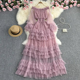 Zingj Super Fairy One Word Shoulder To Shoulder Waist Show Thin A Word Flounce Cake Gauze Dress Elegant