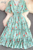 Bohemian Women Floral Printed Midi Dress Elegant V-Neck Short Sleeve High Waist Draped Slim Big Swing Vestidos Female