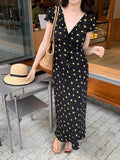 Xixi 2025 Summer New Korean Version Of High-Waisted Holiday Short-Sleeved Dress V-Neck Print Pure Desire Skirt