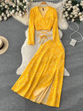 Autumn Women Printed Bandage Two Piece Set Vintage V-Neck Long Sleeve Short Tops + High Waist Split Skirt Suit 2Pcs