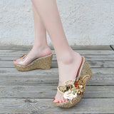 Women's Korean Version Of Fashion Casual High-Heeled Shoes With Transparent Flowers Water Drilled Outside Wearing A Word