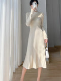 Winter New Knitting Sweater Women Midi Pleated Dress Elegant Casual Long Sleeve Female