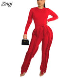 Sleeve Bodysuit and Pants Fringe Tassel Trousers Two Piece Set Tracksuit Fall Women Clothing Sexy Skinny