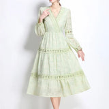 Court Wind Shattered Flower Lantern Sleeve Dress Women's Spring New Hollow Hook Flower V Collar Light Luxury Temperament Long