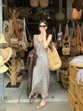 Xixi 2025 Spring New Temperament Lattice Retro High-Waist Dress With Skinny Dress