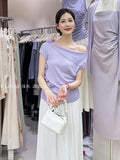 Xixi 13 Lines 2025 Summer New Temperament Ice Silk Bottom Knitted Flower Design Short-Sleeved T-Shirt
