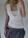 Hot Girls Fake Two Temperament Folded Backs And Collar Sleeveless T-Shirts Simple Thin