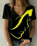 2023Fashion Women's Tops Abstract Portrait Painting T Shirt Loose Print V Neck Basic Tops Black / 3D Print Shirt