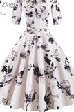 Sleeve Black Autumn Winter Women Dress Floral Print Vintage Party Dresses Robe Casual Rockabilly A-Line Pin Up