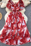 Vintage Women Printed Pleated Long Dress Elegant V-Neck Short Sleeve Ruffle Maxi Vestidos Female Beach Draped Robe