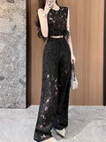 Sets Of 2025 Autumn Hollow Embroidered Flower Ostrich Wool Coat High Waist Broad Leg Trousers Set