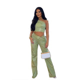 Zingj Women's Fall 2024 Fashion Diagonal Collar One Shoulder Vest High Purse Hip Straight Pants PU Suit For