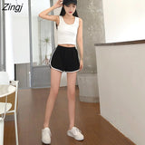 Womens Summer Black White Mid Waist Motion Outwear Patch Design Elastic Soft S-5XL Loose Leisure Home Style New