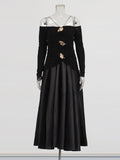 Temperament Famous Wind Style Long Dress 2025 New Bosom One-Word Shoulder Design Long-Sleeved Pin Waist Dress