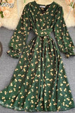 Women Red/Yellow/Green Printed Midi Dress Vintage V-Neck Flare Long Sleeve High Waist A-Line Vacation Bandage Vestido