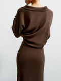 Brown Hollow Knitted Sweater Female Overturned Bat Sleeve Top High Waist Half-Dress Autumn And Winter Languid