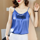 Silk Women Tops Satin Blouses for Women Beading Silk Blouse Top Woman Sleeveless Shirts Tops Fashion Woman Satin
