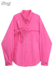 Women's Denim Jackets Fashion Spring Female Harajuku Casual Long Sleeve Pink Bow Polo-Neck Button Pocket Loose Jean Jacket