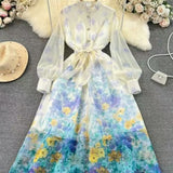 French Retro Collar Long Sleeves Chopped Flower And Chiffon Dress Women's Spring And Autumn New Lace-Up Long