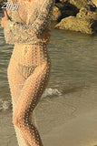 Sexy Women Swimsuits Bikinis Cover Ups Long Sleeve Dress Pearls Patchwork See Through Bodycon Long Maxi Dress