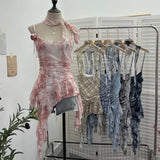Shooting Retro Tie-Dye-Print Mesh Sling Sling Sling Vest Irregular Lotus Leaf Edge Ribbon Sleeveless Top