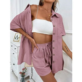 Shirts Suit Wide-leg Shorts Two Piece Set 2023 Short Sleeve Cotton Casual Long Blouse Women Pockets Loose Outfits