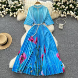 Women's Niche Elegant Dress New Hollow Nail Ball Neck-To-Celing Waist-Print Folding Long