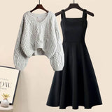 Zingj And Winter Suit Women's 2024 New French Feeling Cross Knit Sweater With Fishtail Dress Two Sets-Outfit