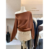 Irregular Collared Strap Bat Sleeve Knitted Shirt Women Early Autumn High-Level Feeling Unique To Super-Good-Looking