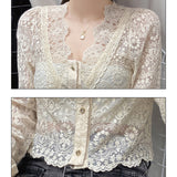 Sexy V-Neck Hollow Lace Blouse Women Long Sleeve Apricot Shirt Slim Short Women Tops Clothing Blusas Mujer De Moda